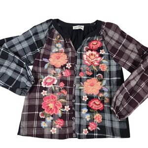 Savanna Jane Plaid Floral Embroidered Button Up Blouse Womens Small